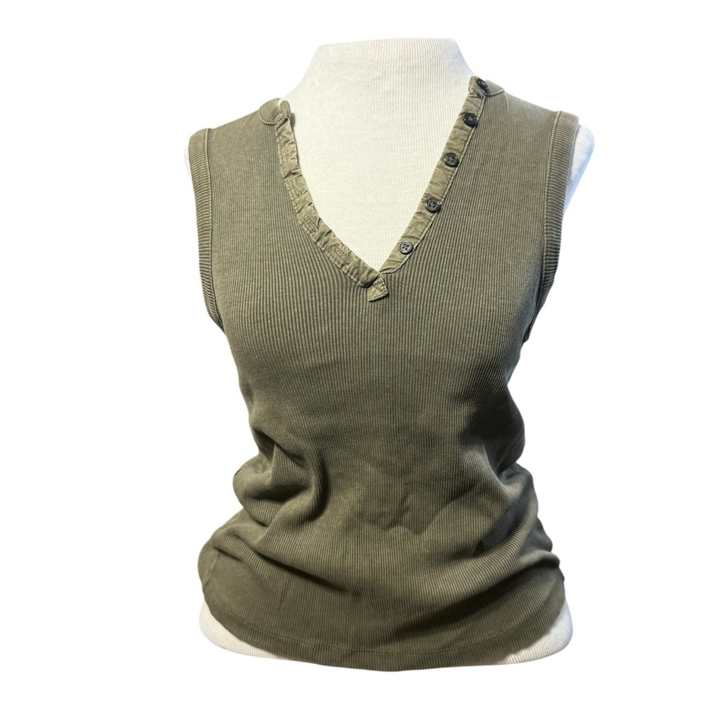 Gilded Intent Tank Top Women Small Green Henley Ribbed Knit Sleeveless Top